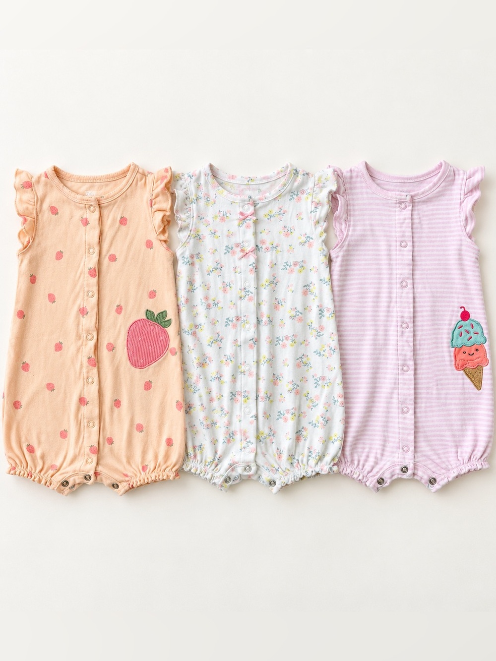Carter's Peach, White Floral & Lavender Stripe Sleeveless Romper 3-Pack